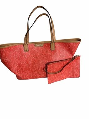 Calvin Klein Coral-Red Tote with Matching Wristlet